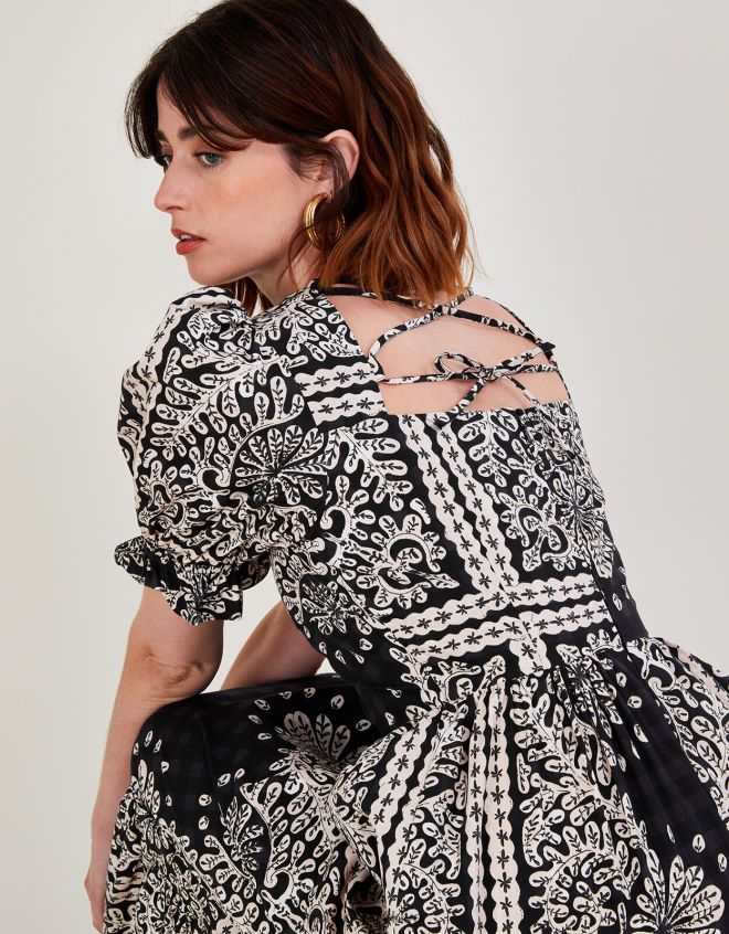 Monsoon kadınlar eşarp desenli poplin midi elbise JH86BT1101 Giyim siyah