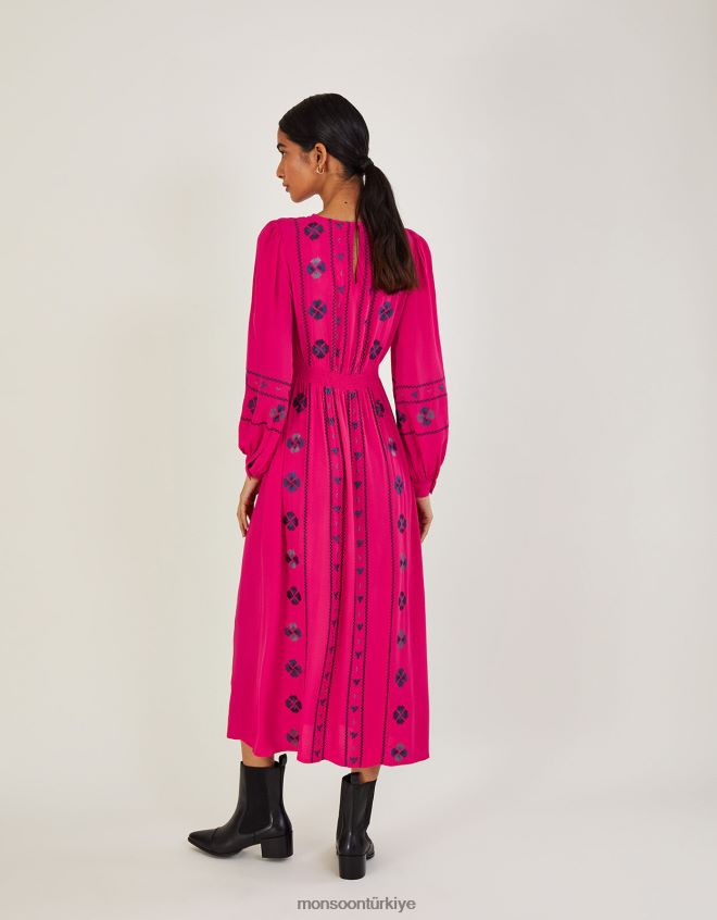 Monsoon kadınlar elliana sürdürülebilir viskozdan işlemeli midi elbise JH86BT1093 Giyim pembe