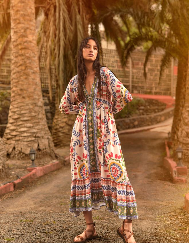 Monsoon kadınlar geometrik çiçek desenli önlük elbise JH86BT57 Giyim fildişi