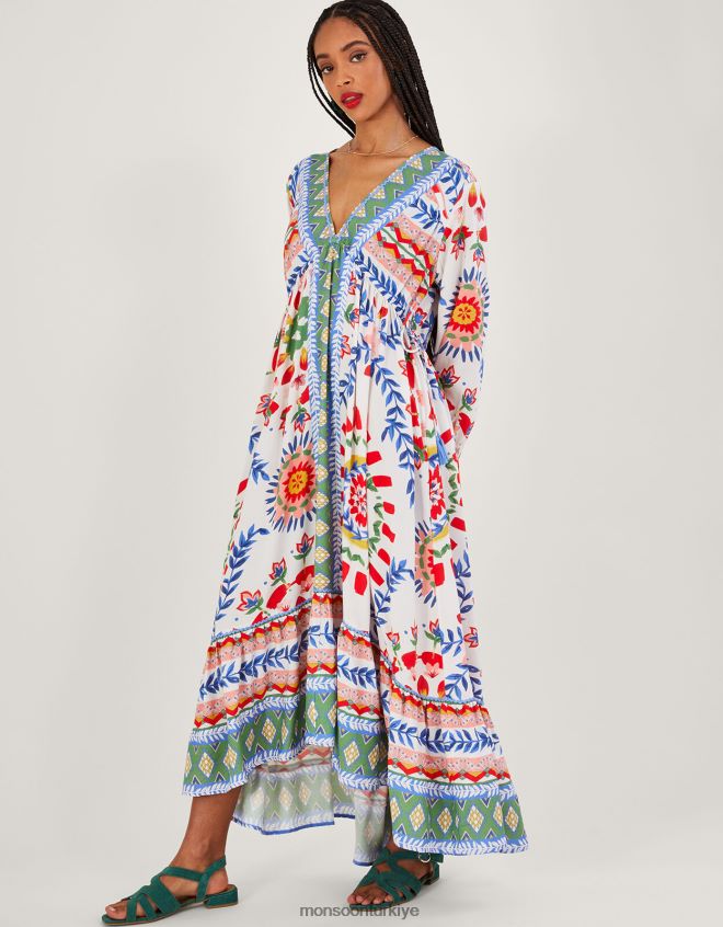 Monsoon kadınlar geometrik çiçek desenli önlük elbise JH86BT57 Giyim fildişi