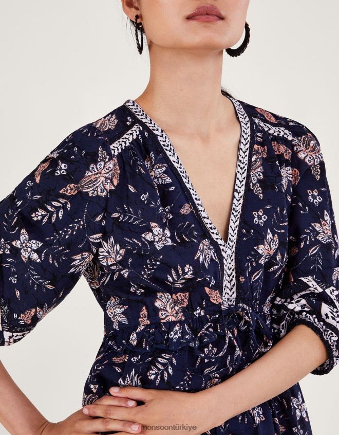 Monsoon kadınlar çiçekli diz elbisesi JH86BT23 Giyim Mavi Donanma)