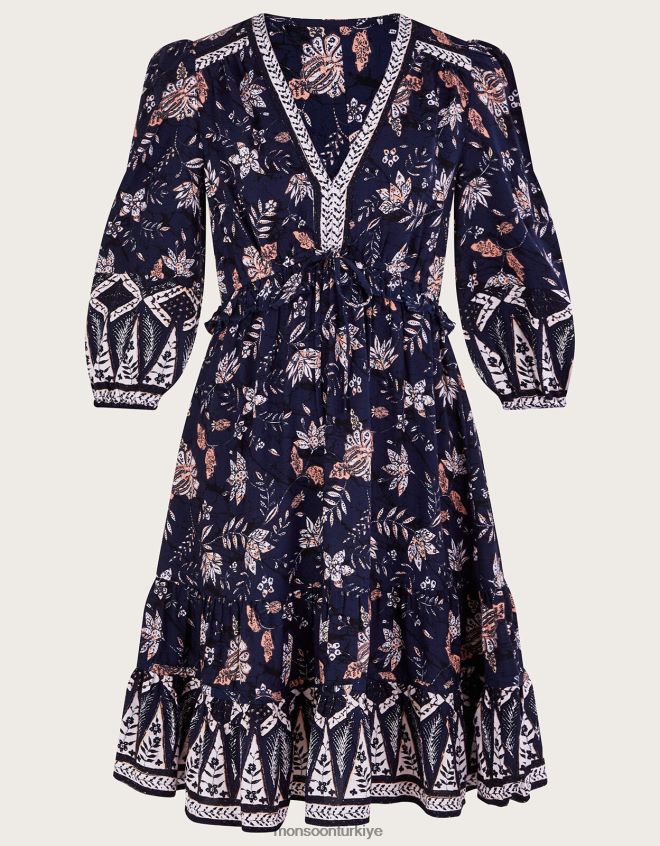 Monsoon kadınlar çiçekli diz elbisesi JH86BT23 Giyim Mavi Donanma)