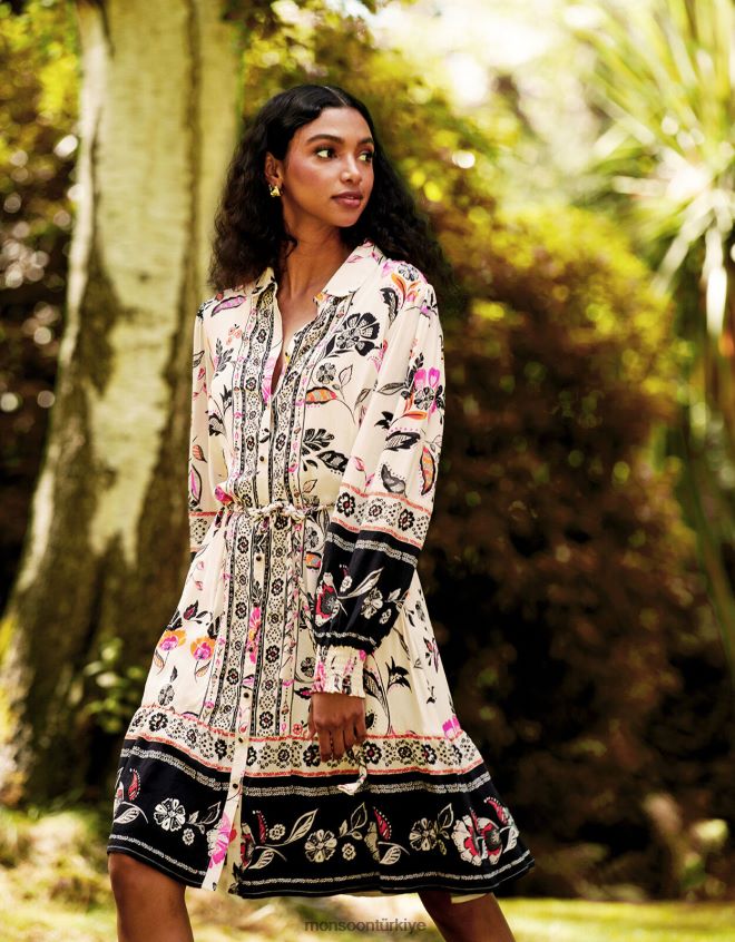 Monsoon kadınlar çiçekli gömlek elbise JH86BT140 Giyim fildişi