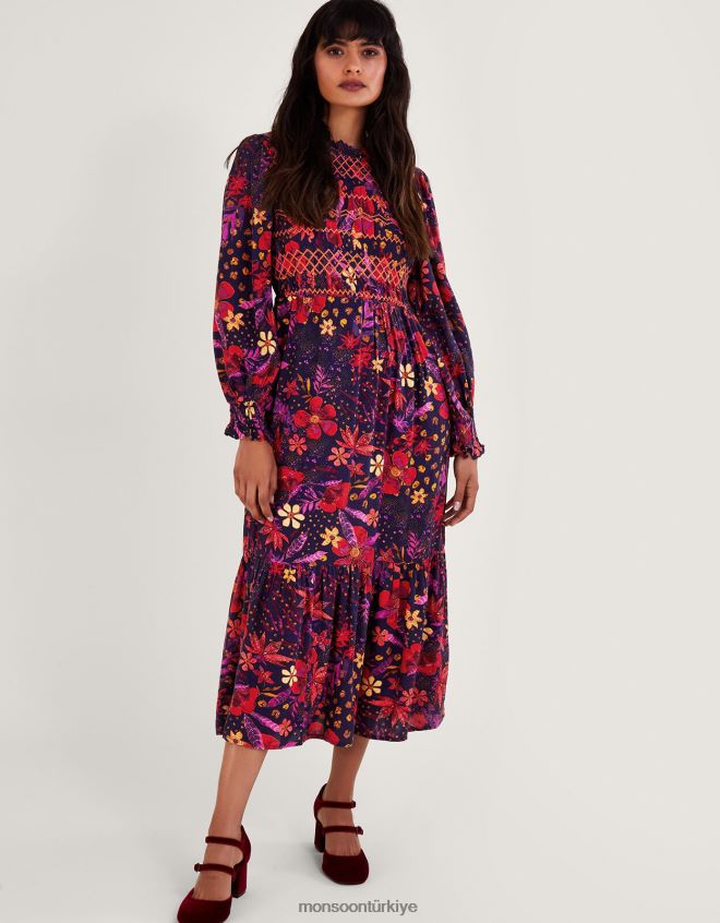 Monsoon kadınlar çiçekli önlük elbise JH86BT80 Giyim Mavi Donanma)