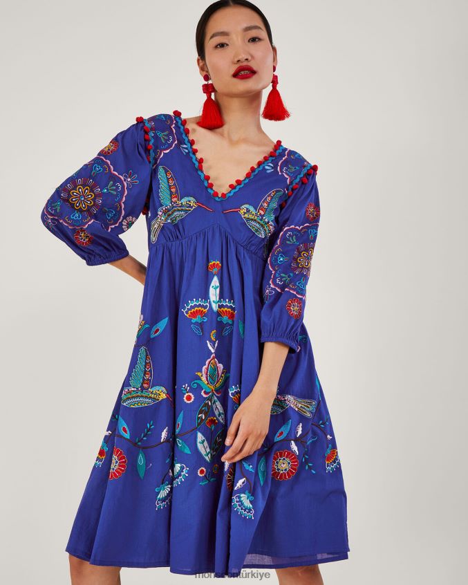 Monsoon kadınlar çiçekli ve kuşlu diz altı elbise JH86BT980 Giyim mavi (kobalt)