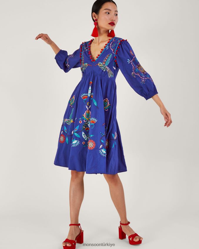 Monsoon kadınlar çiçekli ve kuşlu diz altı elbise JH86BT980 Giyim mavi (kobalt)