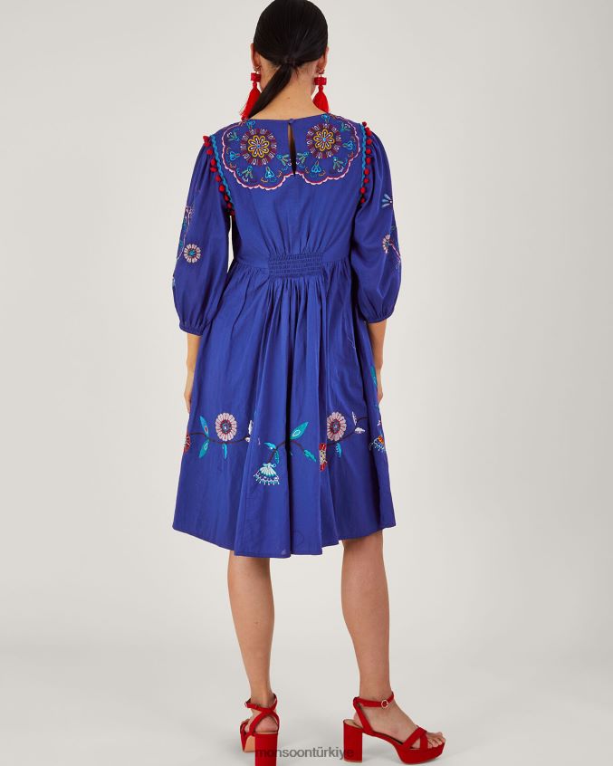 Monsoon kadınlar çiçekli ve kuşlu diz altı elbise JH86BT980 Giyim mavi (kobalt)