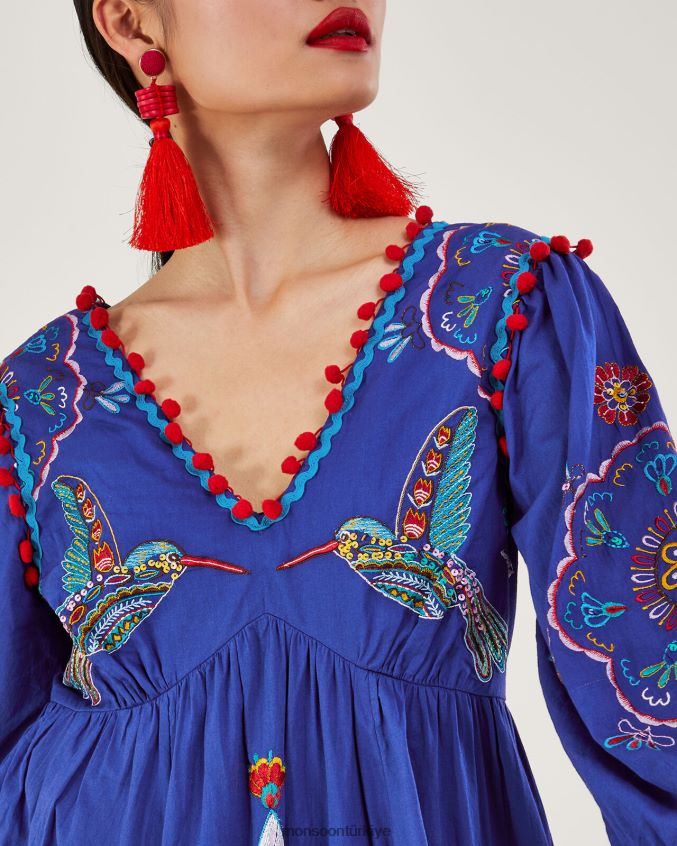 Monsoon kadınlar çiçekli ve kuşlu diz altı elbise JH86BT980 Giyim mavi (kobalt)