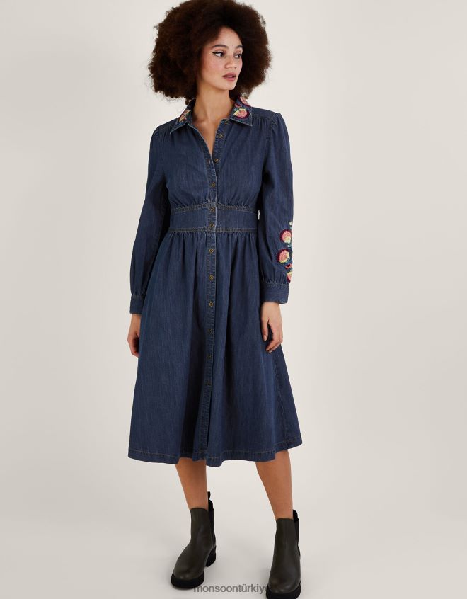 Monsoon kadınlar işlemeli denim midi gömlek elbise JH86BT475 Giyim mavi (kot mavisi)