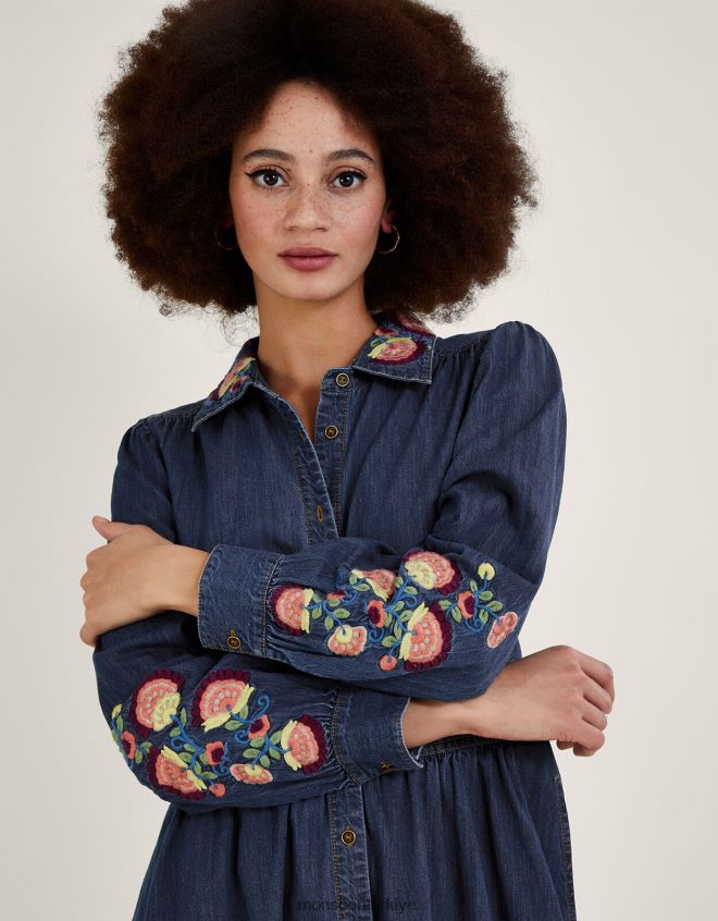 Monsoon kadınlar işlemeli denim midi gömlek elbise JH86BT475 Giyim mavi (kot mavisi)
