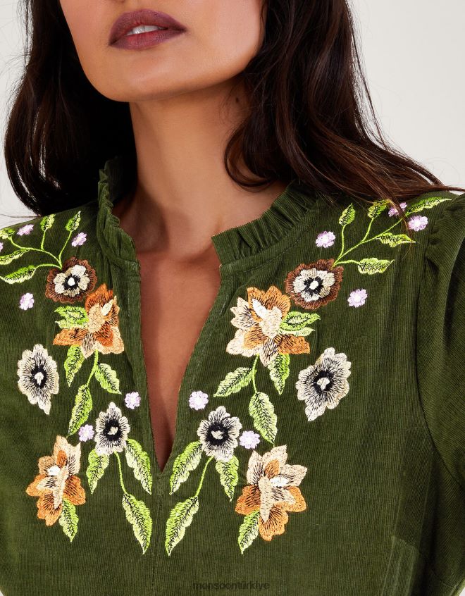 Monsoon kadınlar işlemeli çiçek kordonlu elbise JH86BT35 Giyim yeşil