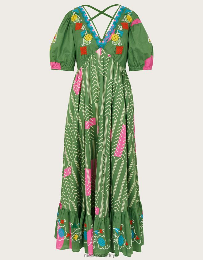 Monsoon kadınlar işlemeli şivron zanaatkar elbise JH86BT585 Giyim yeşil