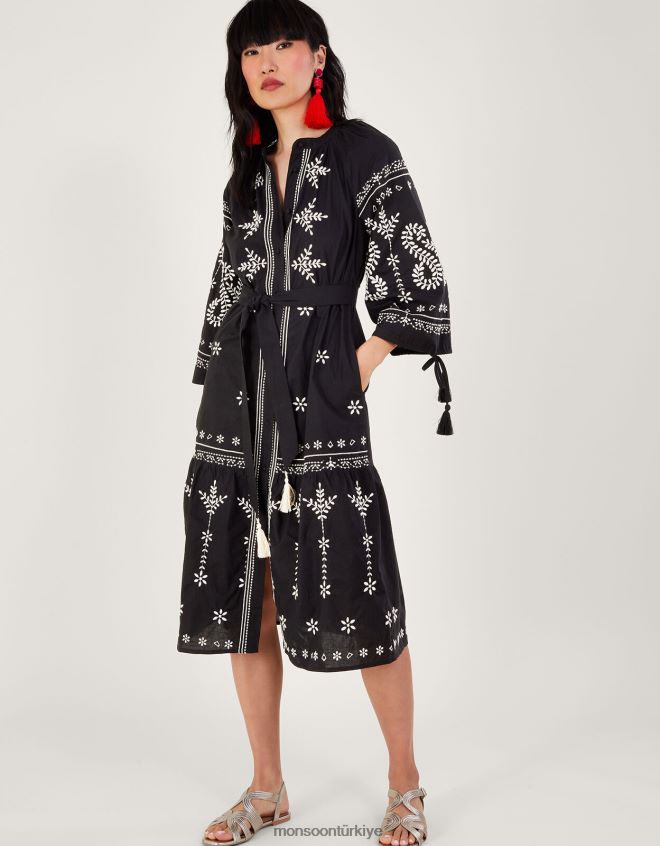 Monsoon kadınlar işlemeli midi tunik elbise JH86BT973 Giyim siyah