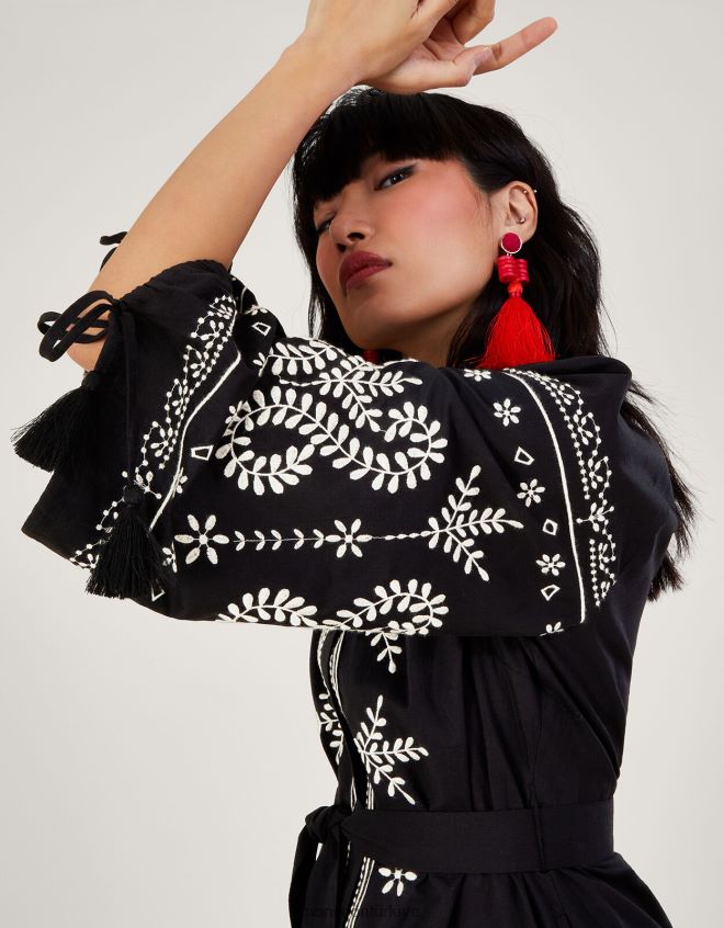 Monsoon kadınlar işlemeli midi tunik elbise JH86BT973 Giyim siyah