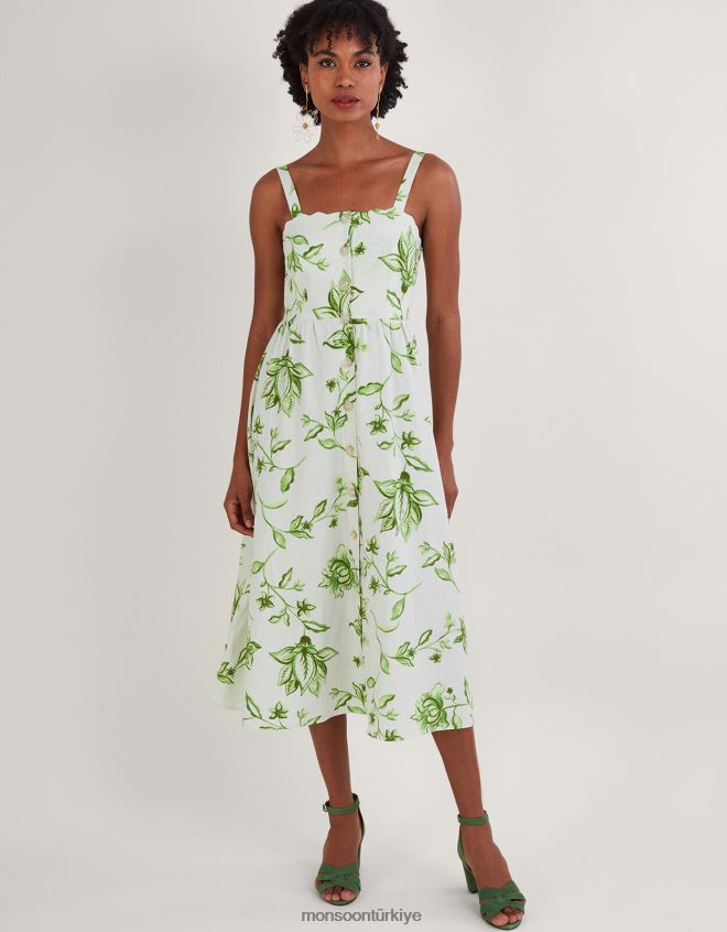 Monsoon kadınlar kai keten karışımlı çiçek desenli elbise JH86BT583 Giyim fildişi