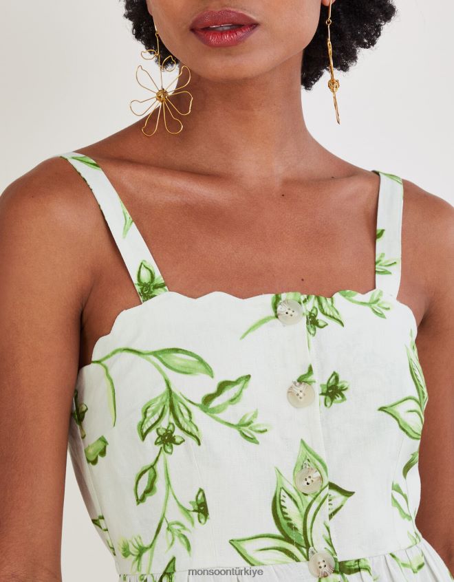 Monsoon kadınlar kai keten karışımlı çiçek desenli elbise JH86BT583 Giyim fildişi