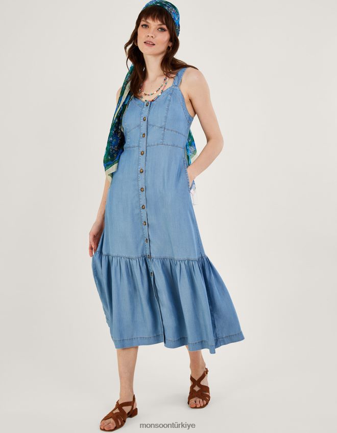 Monsoon kadınlar katmanlı denim midi sundress JH86BT833 Giyim mavi (kot mavisi)