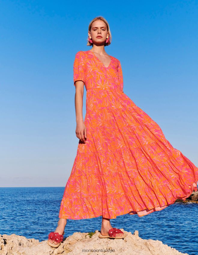 Monsoon kadınlar katmanlı yaprak desenli maxi elbise JH86BT248 Giyim turuncu