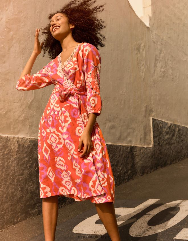 Monsoon kadınlar keten karışımından kavak anvelop elbise JH86BT416 Giyim turuncu