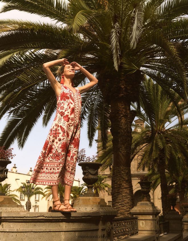 Monsoon kadınlar keten karışımlı desenli midi elbise JH86BT759 Giyim kırmızı