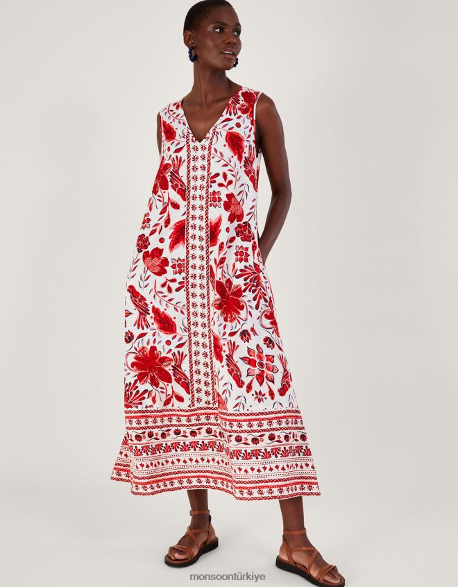 Monsoon kadınlar keten karışımlı desenli midi elbise JH86BT759 Giyim kırmızı