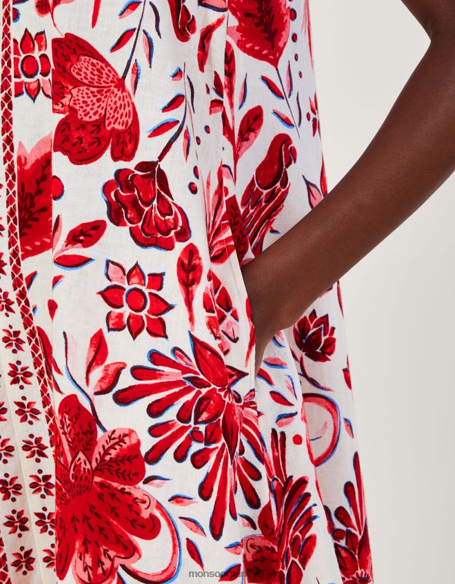 Monsoon kadınlar keten karışımlı desenli midi elbise JH86BT759 Giyim kırmızı
