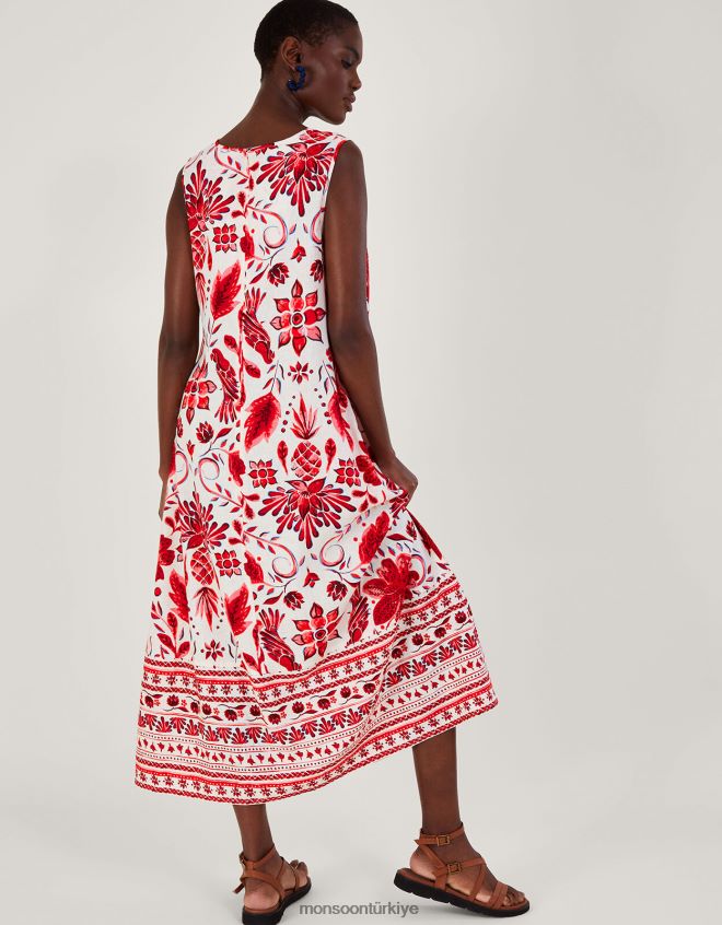 Monsoon kadınlar keten karışımlı desenli midi elbise JH86BT759 Giyim kırmızı