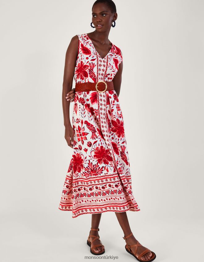 Monsoon kadınlar keten karışımlı desenli midi elbise JH86BT759 Giyim kırmızı
