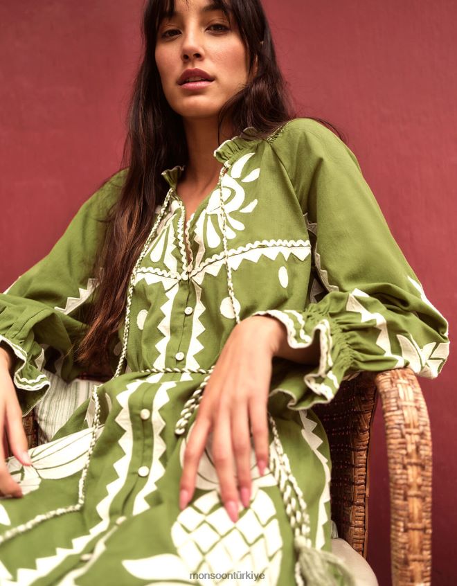 Monsoon kadınlar keten karışımlı işlemeli ananas aplike elbise JH86BT809 Giyim yeşil