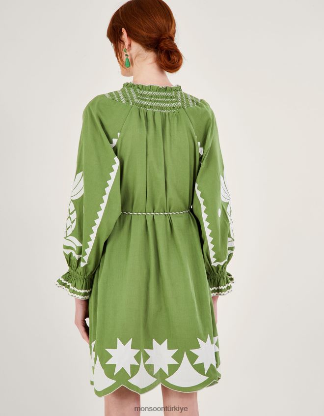 Monsoon kadınlar keten karışımlı işlemeli ananas aplike elbise JH86BT809 Giyim yeşil