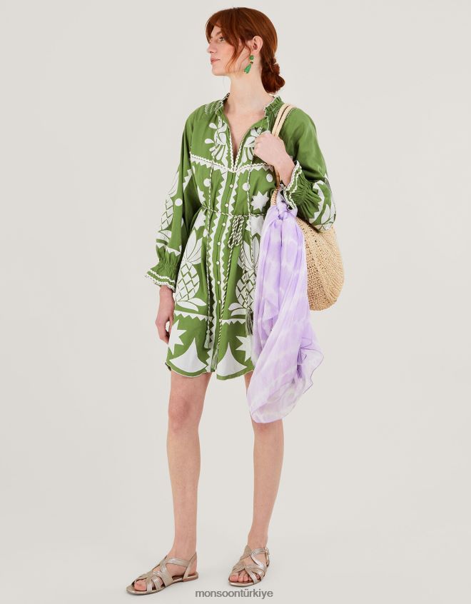 Monsoon kadınlar keten karışımlı işlemeli ananas aplike elbise JH86BT809 Giyim yeşil