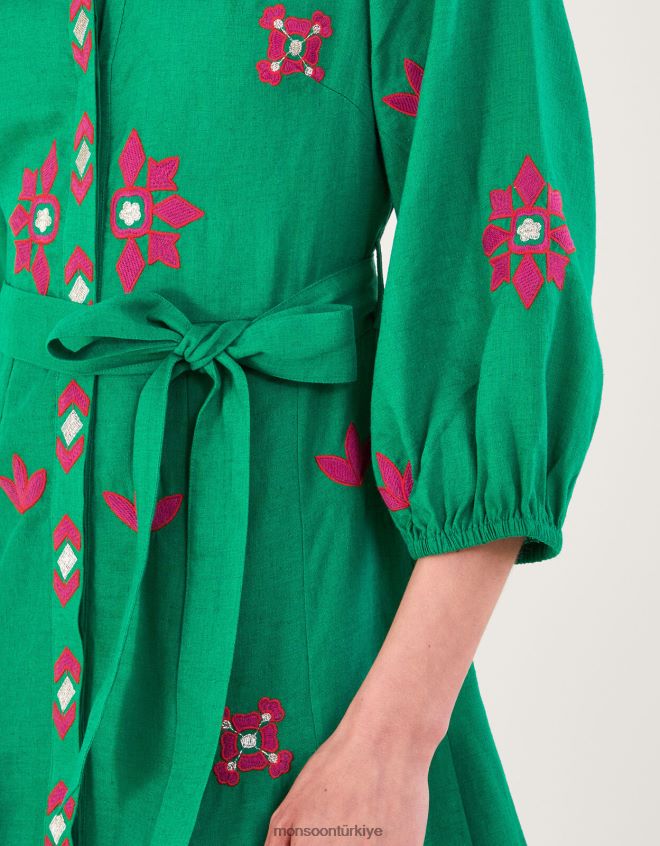 Monsoon kadınlar keten karışımlı işlemeli gömlek elbise JH86BT432 Giyim yeşil