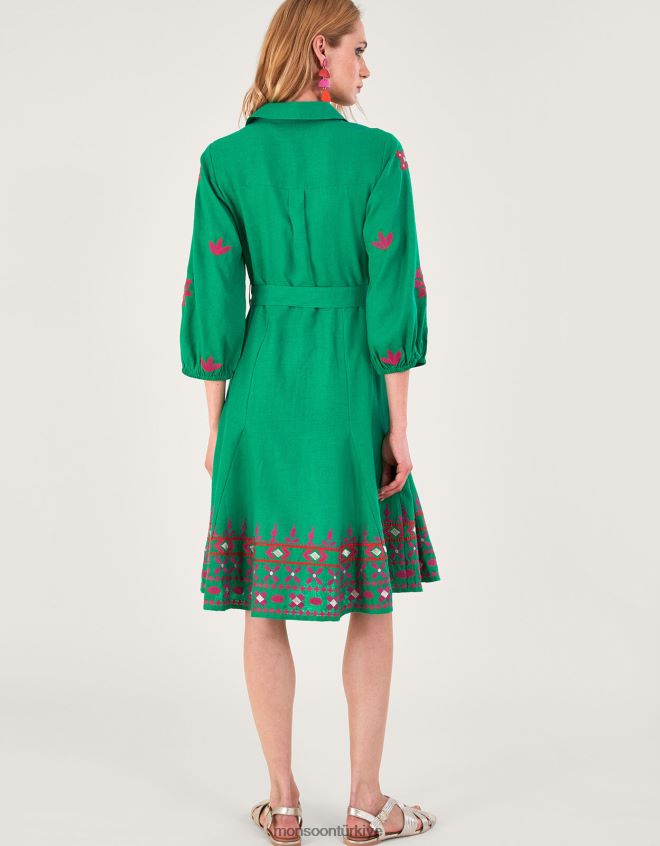 Monsoon kadınlar keten karışımlı işlemeli gömlek elbise JH86BT432 Giyim yeşil