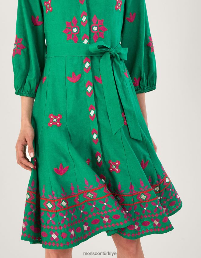 Monsoon kadınlar keten karışımlı işlemeli gömlek elbise JH86BT432 Giyim yeşil
