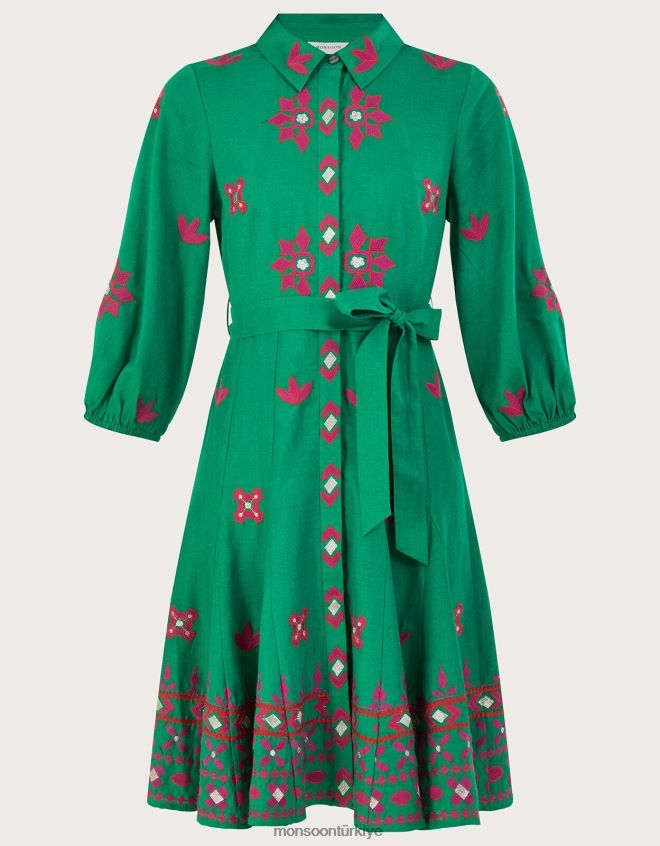 Monsoon kadınlar keten karışımlı işlemeli gömlek elbise JH86BT432 Giyim yeşil