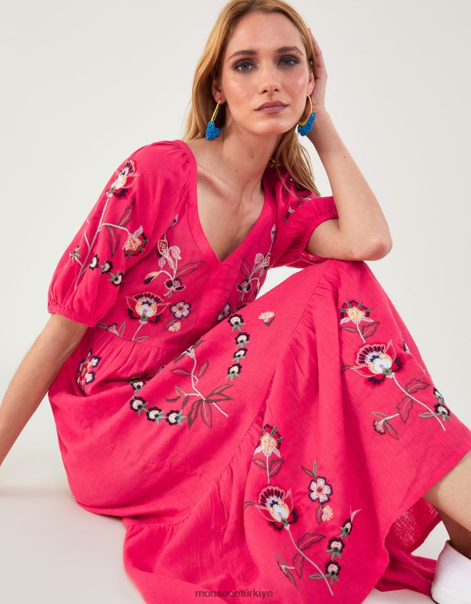 Monsoon kadınlar keten karışımlı işlemeli midi elbise JH86BT872 Giyim turuncu (mercan)