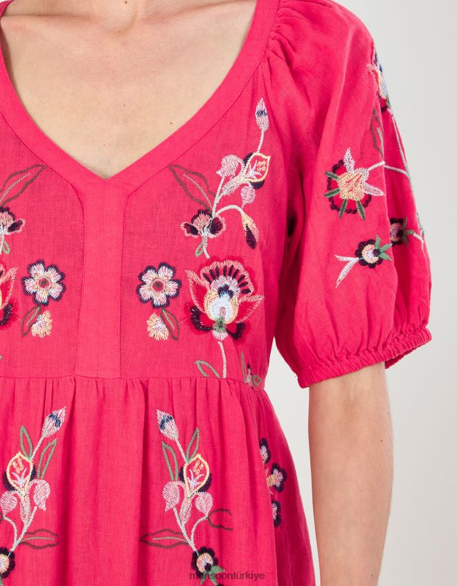 Monsoon kadınlar keten karışımlı işlemeli midi elbise JH86BT872 Giyim turuncu (mercan)