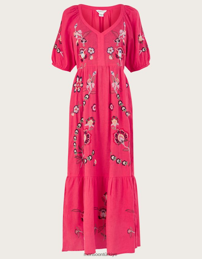 Monsoon kadınlar keten karışımlı işlemeli midi elbise JH86BT872 Giyim turuncu (mercan)