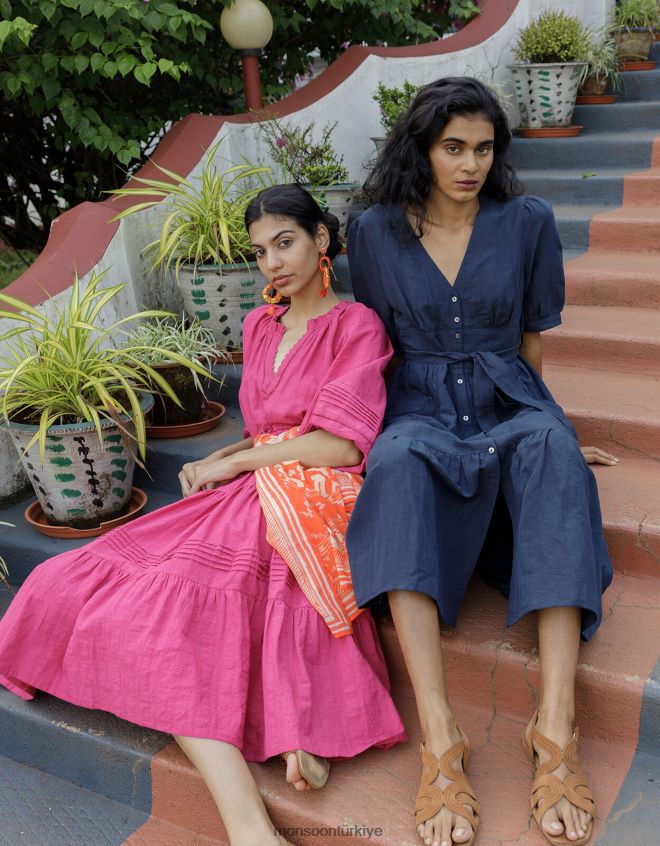 Monsoon kadınlar keten karışımlı, kesim detaylı, katmanlı elbise JH86BT420 Giyim Mavi Donanma)