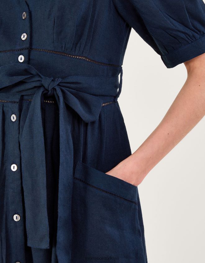 Monsoon kadınlar keten karışımlı, kesim detaylı, katmanlı elbise JH86BT420 Giyim Mavi Donanma)