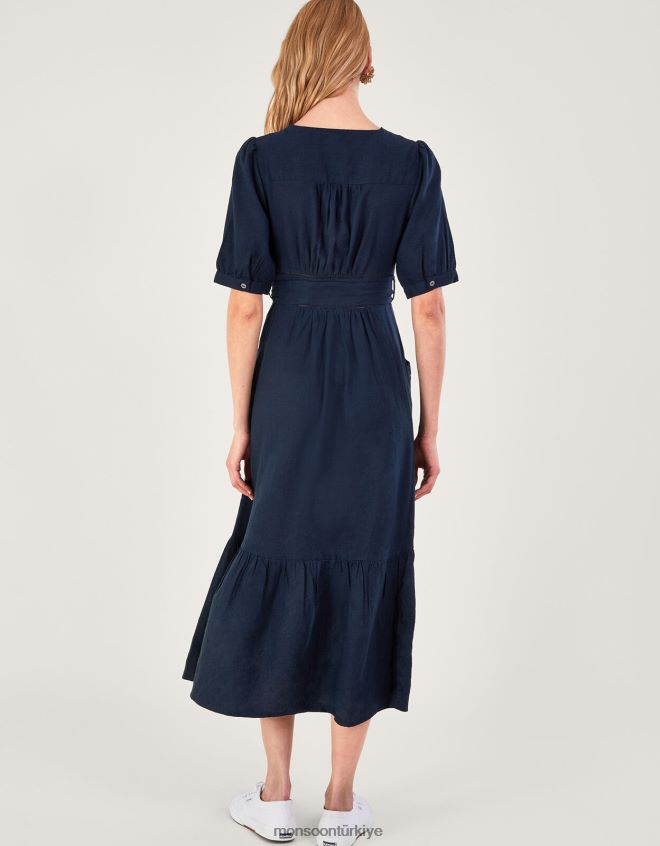 Monsoon kadınlar keten karışımlı, kesim detaylı, katmanlı elbise JH86BT420 Giyim Mavi Donanma)