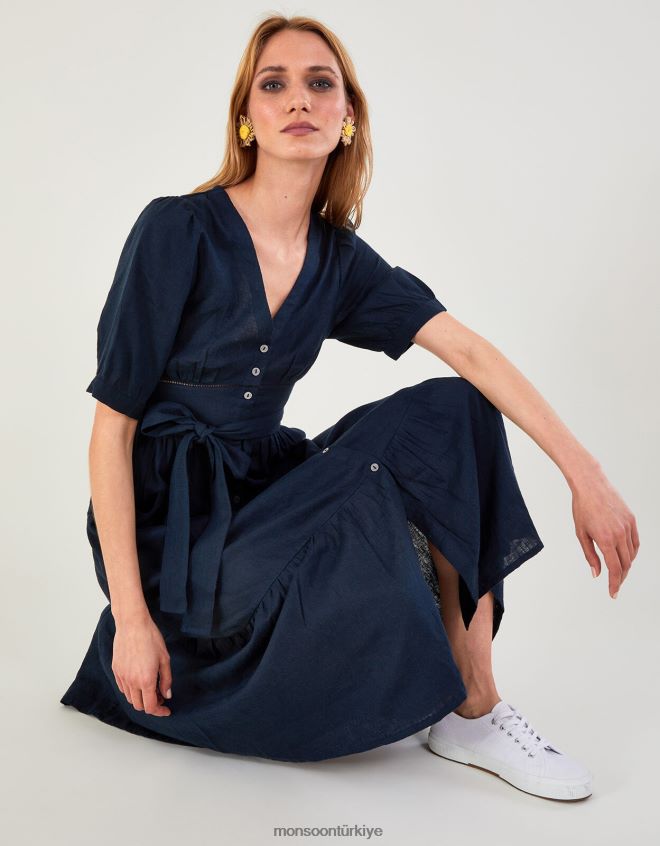 Monsoon kadınlar keten karışımlı, kesim detaylı, katmanlı elbise JH86BT420 Giyim Mavi Donanma)