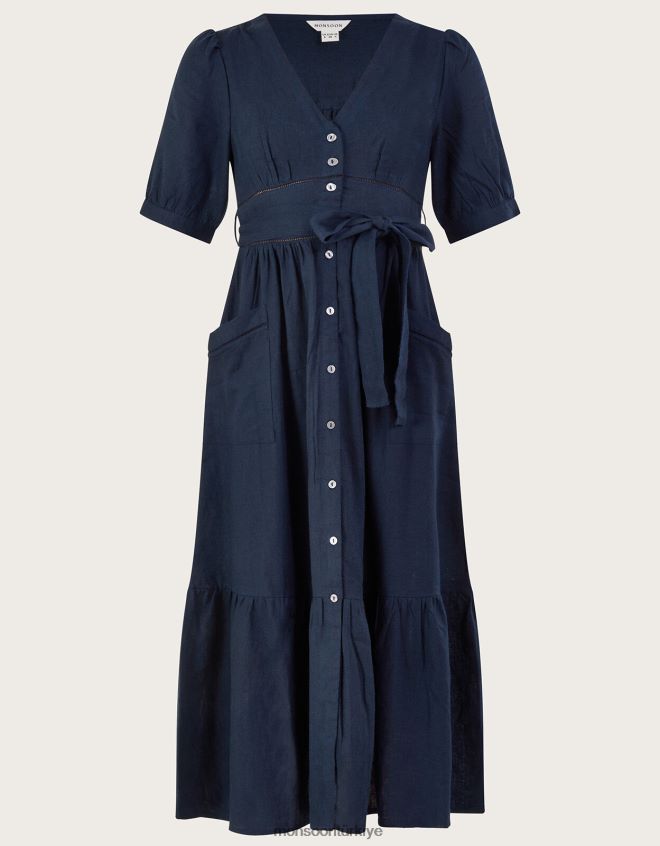 Monsoon kadınlar keten karışımlı, kesim detaylı, katmanlı elbise JH86BT420 Giyim Mavi Donanma)