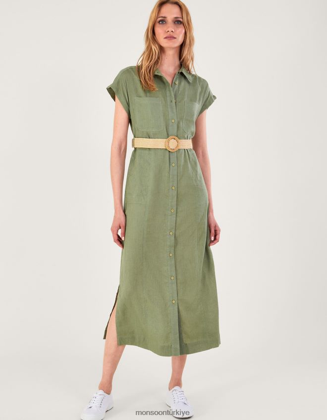 Monsoon kadınlar keten karışımlı kuşaklı midi elbise JH86BT269 Giyim yeşil (haki)