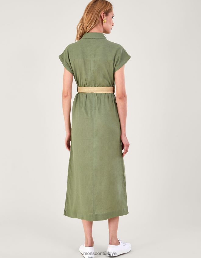 Monsoon kadınlar keten karışımlı kuşaklı midi elbise JH86BT269 Giyim yeşil (haki)