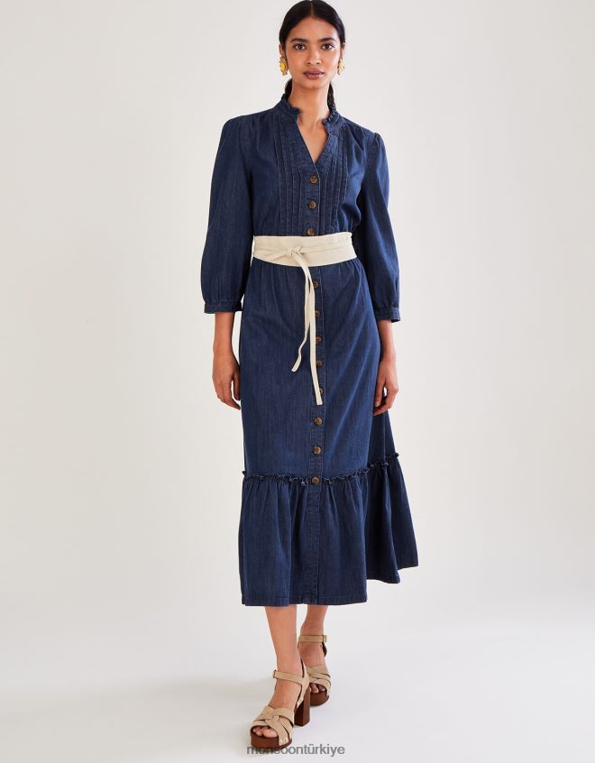 Monsoon kadınlar kot pli katlı midi elbise JH86BT831 Giyim mavi (kot mavisi)