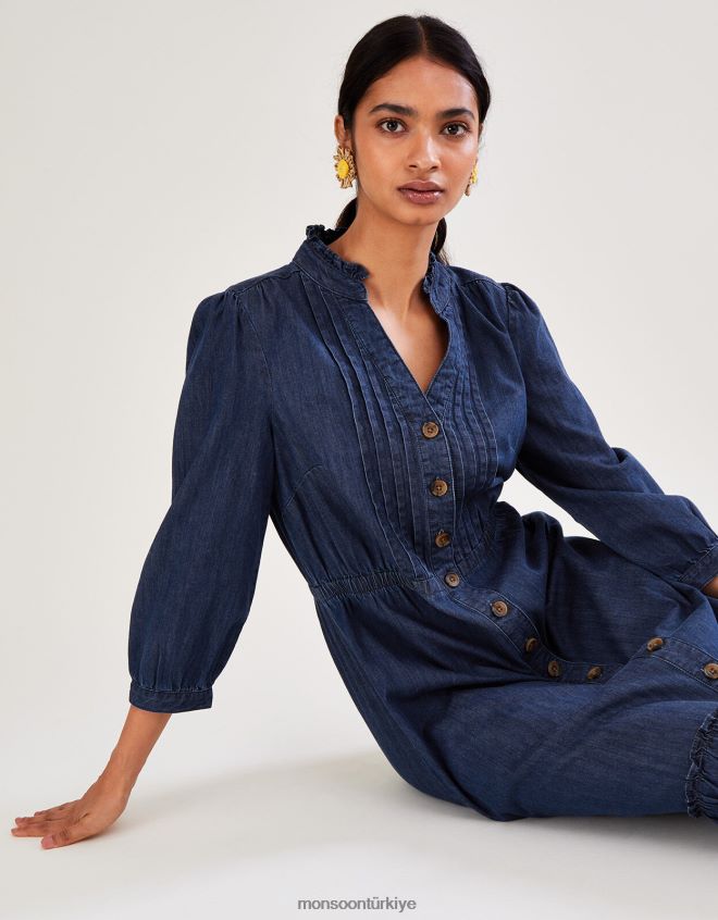 Monsoon kadınlar kot pli katlı midi elbise JH86BT831 Giyim mavi (kot mavisi)