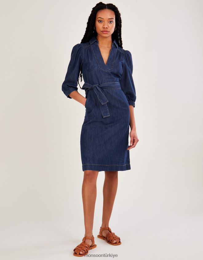 Monsoon kadınlar kot v yaka kuşaklı midi elbise JH86BT863 Giyim mavi (kot mavisi)