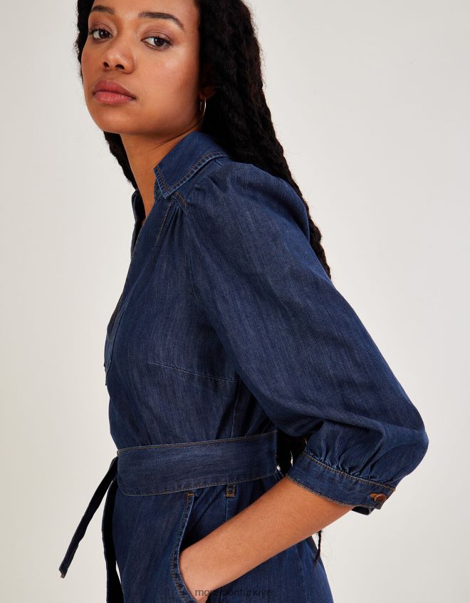 Monsoon kadınlar kot v yaka kuşaklı midi elbise JH86BT863 Giyim mavi (kot mavisi)