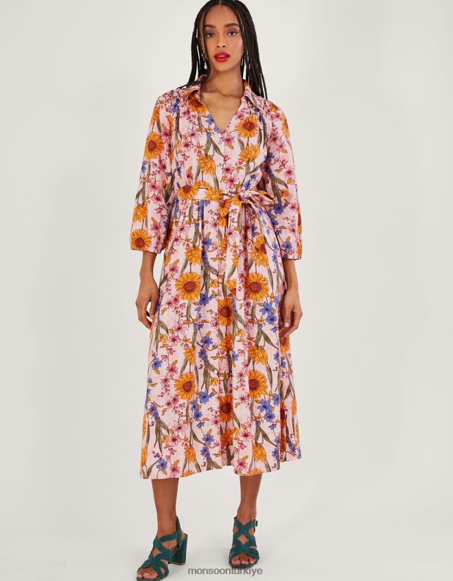 Monsoon kadınlar leilah keten karışımlı gömlek elbise JH86BT551 Giyim pembe (allık)